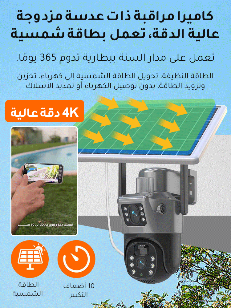 كاميرا مراقبة بعدستين عاليتي الدقة تعمل بالطاقة الشمسية