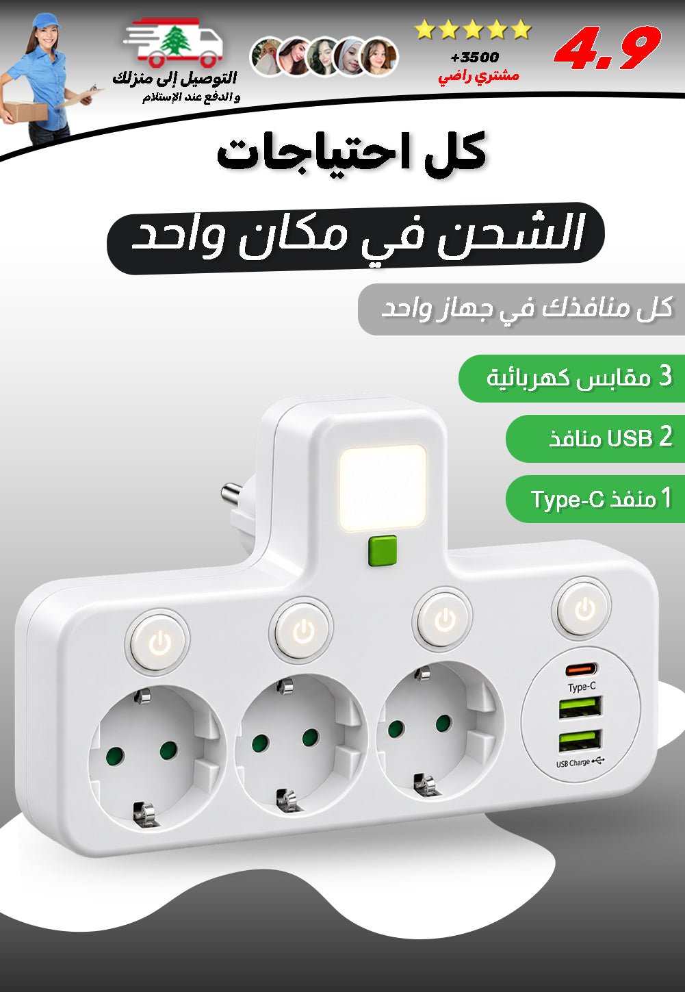مشترك كهربائي ذكي متعدد الاستخدامات مع منافذ  USB